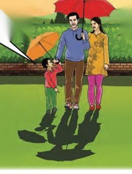 A family with two umbrellas in a park. Dark shapes are on the grass behind them