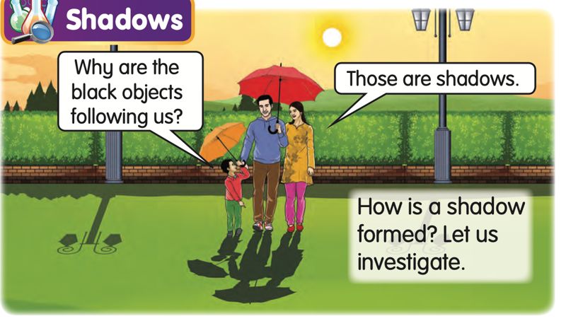 A family walking in a park, their dark shadows on the ground