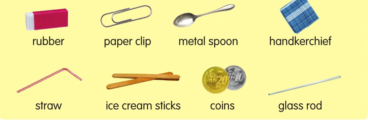 Eight objects to test: rubber, paper clip, metal spoon, handkerchief, straw, ice cream sticks, coins and glass rod