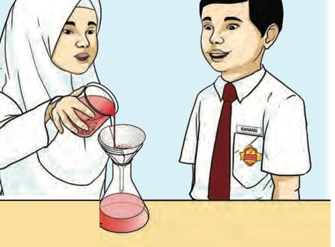 Pink liquid is poured through a filter paper in a funnel into a conical flask