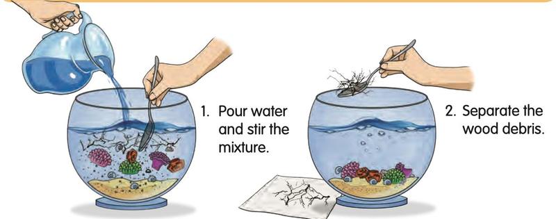 Water poured into a fish bowl, then wood bits floating on top are lifted out