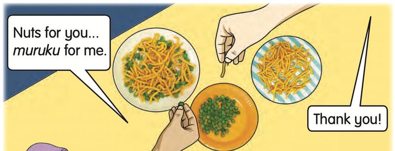 Hands picking nuts and muruku into separate plates