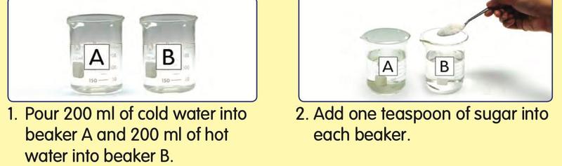 Beaker A with cold water and beaker B with hot water; one teaspoon of sugar is added to each