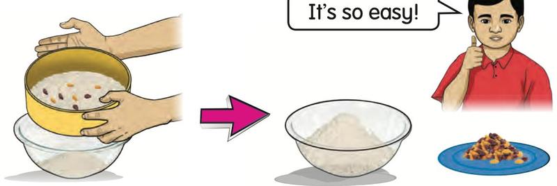 A sieve over a bowl: fine flour falls through and raisins stay on the sieve
