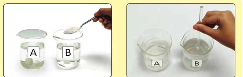 Sugar is added to two beakers and only beaker B is stirred