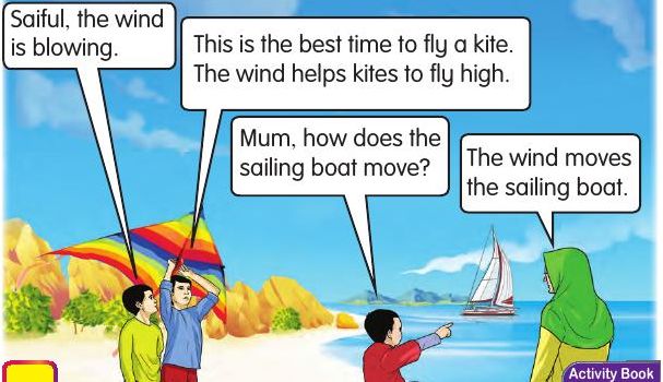 Children flying a kite on a beach, and a sailing boat on the sea