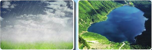 A grey rainy sky and a blue lake surrounded by land