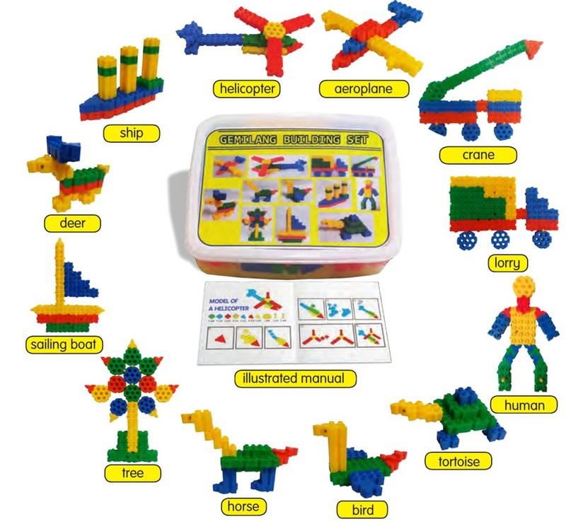 A building set box in the middle, with models around it: helicopter, aeroplane, crane, lorry, human, tortoise, bird, horse, tree, sailing boat, deer and ship