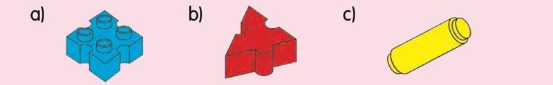 Three components labelled a, b and c: a blue cube, a red prism and a yellow cylinder