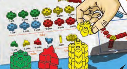 Building set components sorted into rows by colour and shape