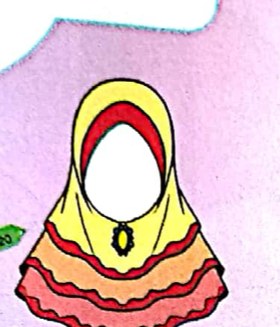 Sehelai tudung berwarna kuning dan merah