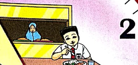 Seorang murid makan di kantin; penjual di kaunter di belakangnya