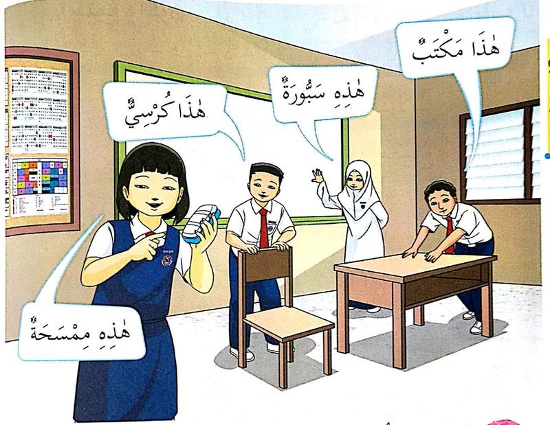 Murid menunjuk kerusi, meja, papan tulis dan pemadam yang dekat sambil berkata hadha atau hadhihi