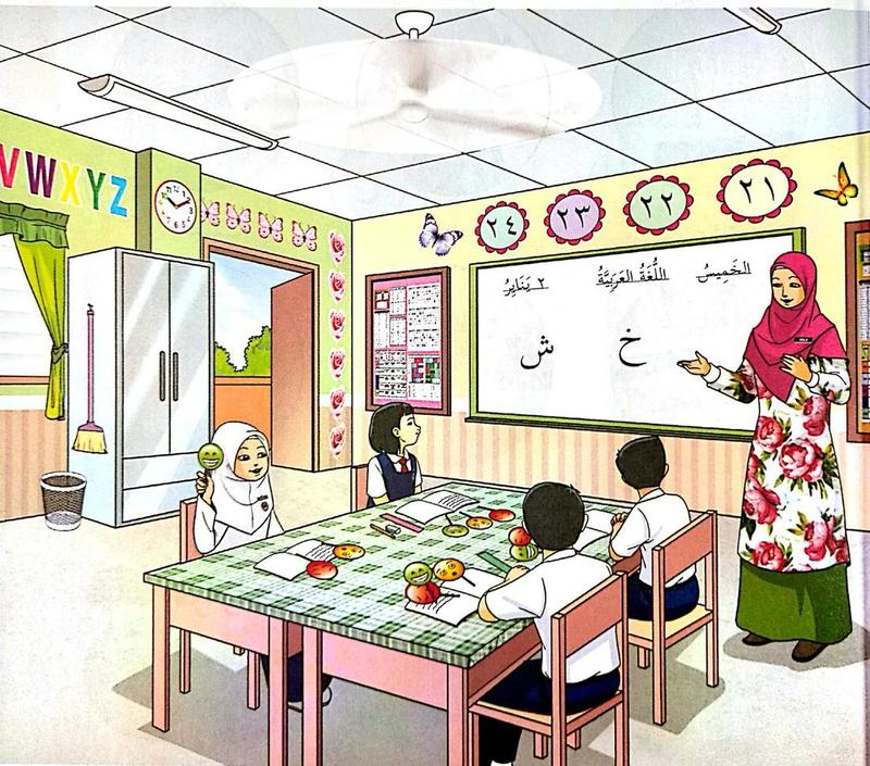 Seorang guru mengajar di dalam kelas. Di papan tulis ada huruf kha dan syin, dan nombor 21 hingga 24 di dinding