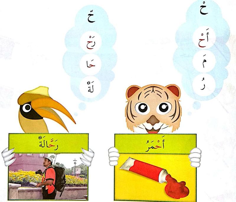 Harimau memegang kad ahmar dengan gambar cat merah; burung enggang memegang kad rahhalah dengan gambar pengembara