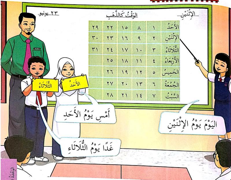Guru dan murid di hadapan kalendar bulanan dengan nama hari dalam bahasa Arab