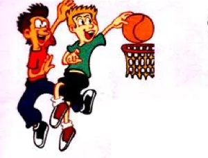 Two boys; one jumps and puts the ball in the basket