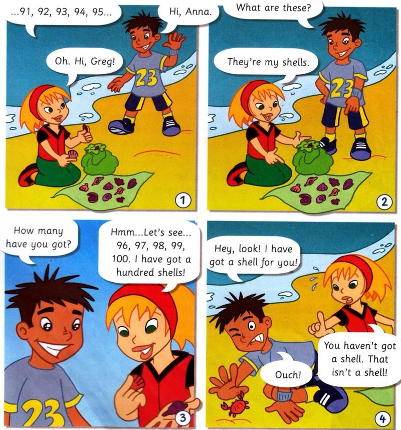 Four comic pictures: Anna counts her shells on the beach, Greg asks about them, then pretends a crab is a shell