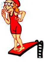 A scared girl standing on a diving board