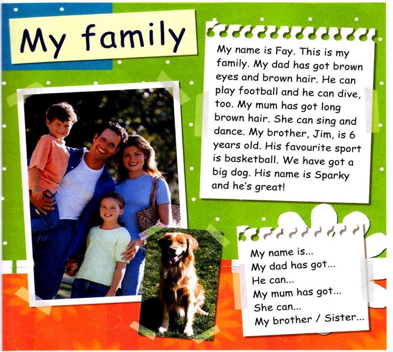 Fay's family poster: a photo of Fay with her dad, mum, brother and dog, and a paragraph about them