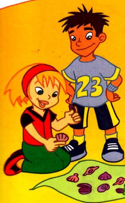 Greg, a boy with brown hair in a number 23 shirt, and Anna, a girl with blonde hair, on the beach