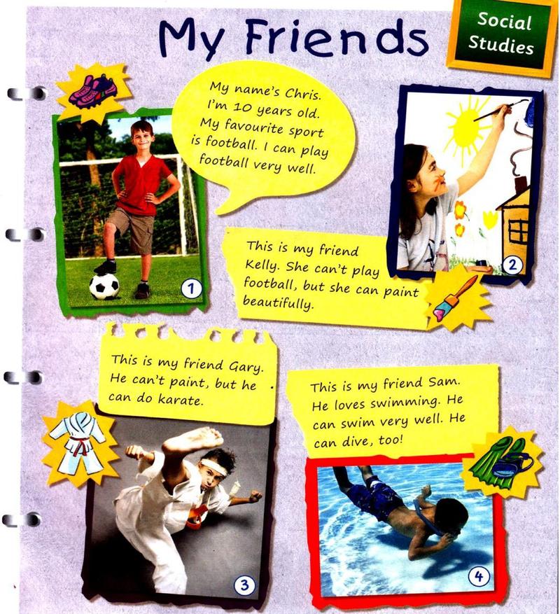 Chris's poster My Friends with photos of Chris playing football, Kelly painting, Gary doing karate and Sam swimming