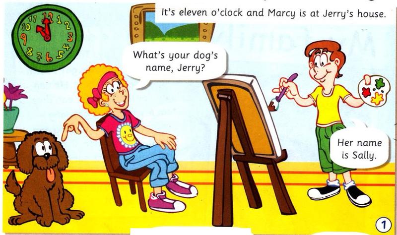 Marcy sits on a chair while Jerry paints. The dog Sally sits next to her. The clock shows eleven o'clock.
