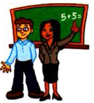 Two teachers in front of a blackboard