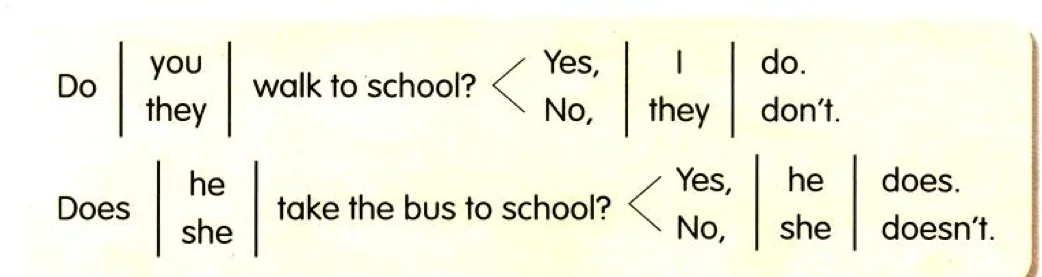 Grammar box: Do you/they walk to school? Yes, I/they do. No, I/they don't. Does he/she take the bus to school? Yes, he/she does. No, he/she doesn't.