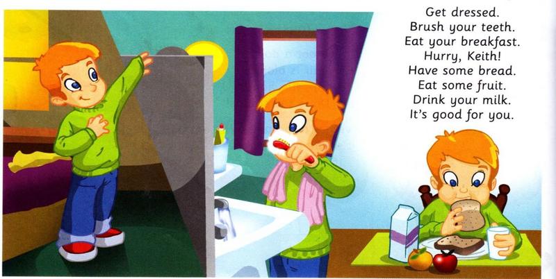 Keith gets dressed, brushes his teeth and eats breakfast; the chant In the morning