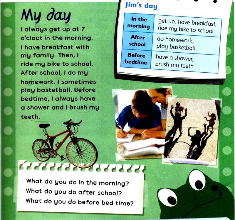 Jim's paragraph My day with a table of his morning, after school and bedtime