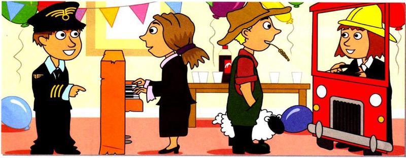 Party: Mike dressed as a pilot, Elaine playing the piano, Brian dressed as a farmer, Pat in a fire engine