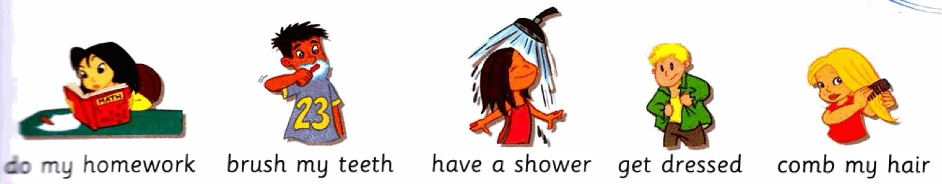 Five children: one doing homework, one brushing his teeth, one having a shower, one getting dressed, one combing her hair