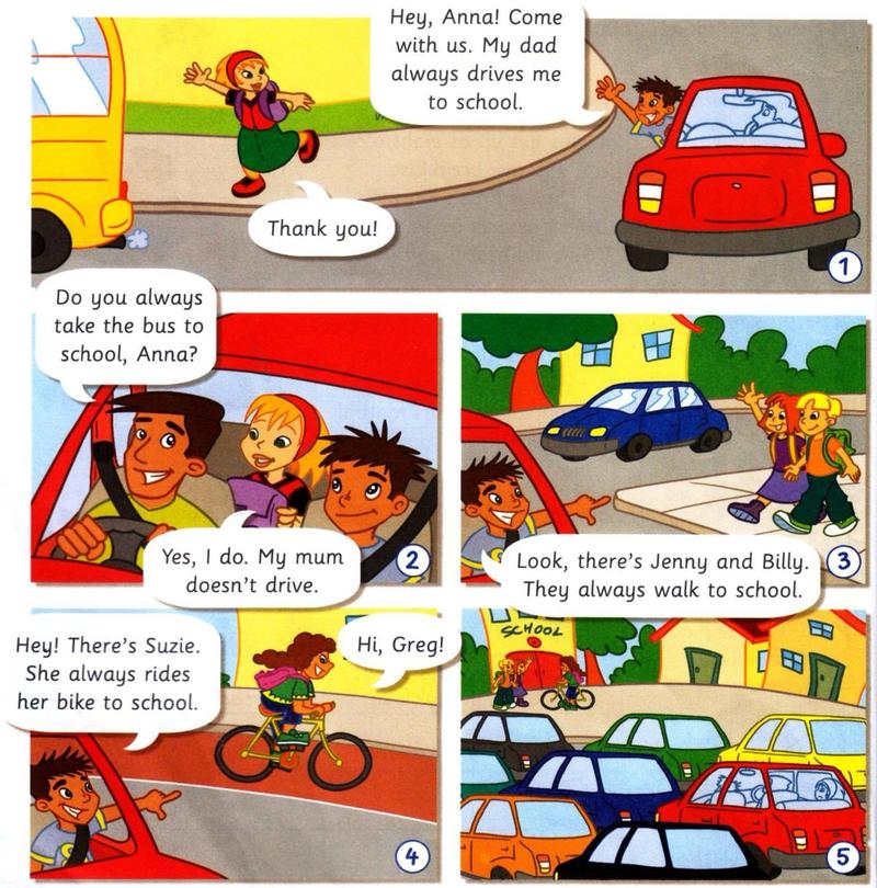 Comic: Greg and his dad drive to school and see Anna, Jenny, Billy and Suzie