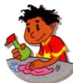 A boy cleaning with a cloth and a spray bottle