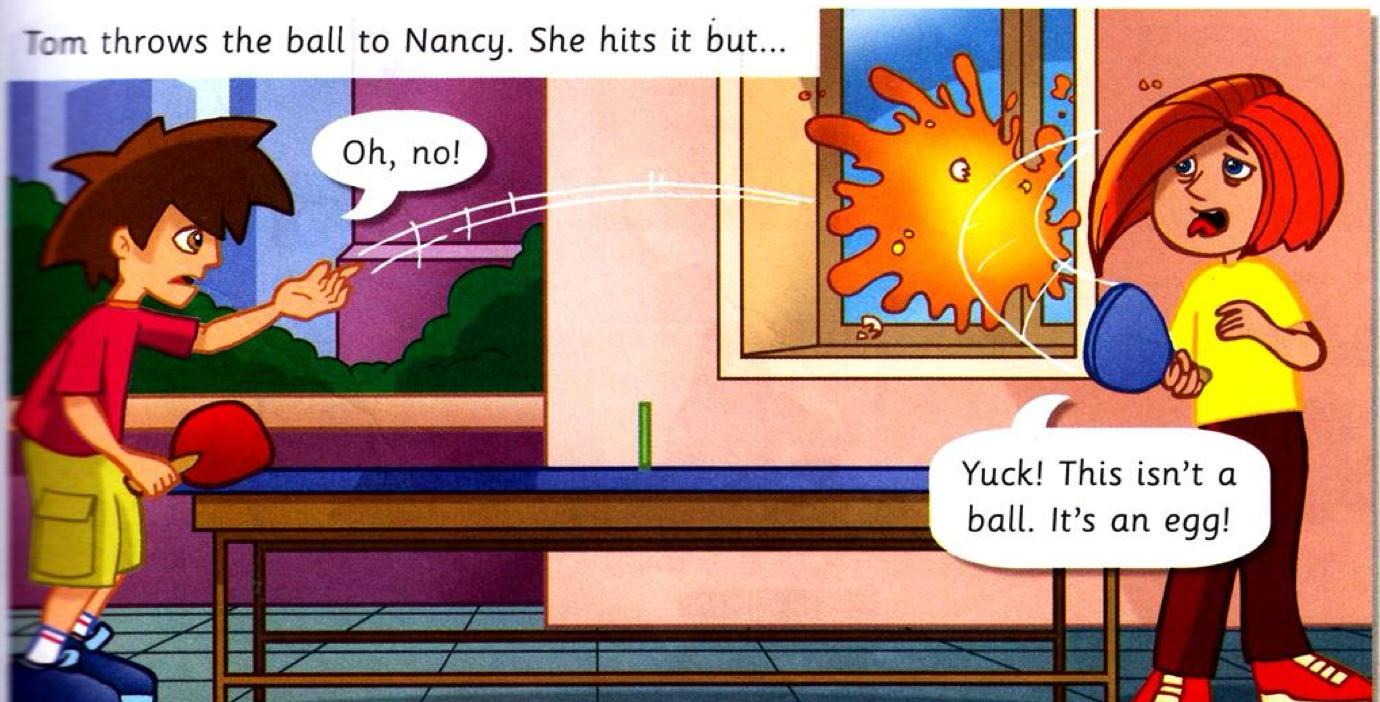 Nancy hits a white thing with her bat and it breaks