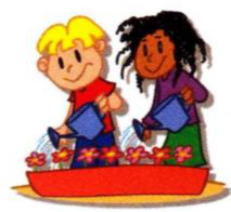 Two children pouring water on flowers with watering cans
