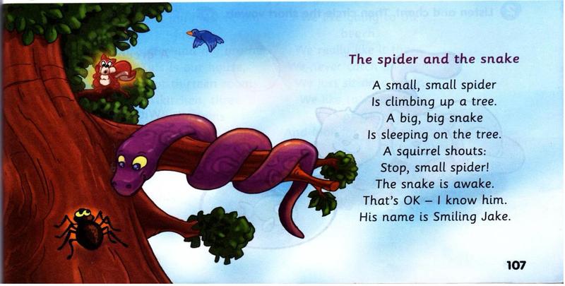 A purple snake sleeping on a tree branch, a spider and a squirrel