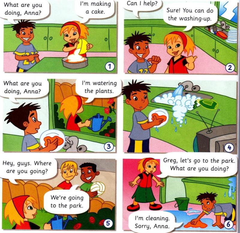 Six comic pictures of Greg and Anna in the kitchen and garden