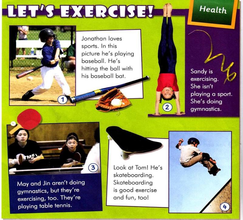Health magazine page: Jonathan playing baseball, Sandy doing a handstand, May and Jin playing table tennis, Tom skateboarding