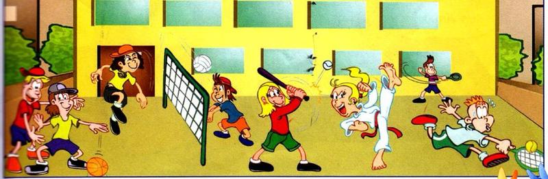 School playground: boys playing basketball and volleyball, a girl hitting a ball with a bat, a girl doing karate, a boy playing tennis