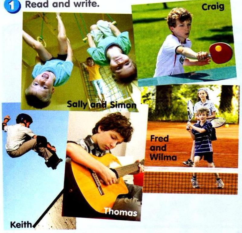 Photos: Sally and Simon on climbing bars, Craig playing table tennis, Keith skateboarding, Thomas playing the guitar, Fred and Wilma playing tennis