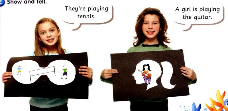 Two girls hold silhouette pictures. One says: They're playing tennis. The other: A girl is playing the guitar.