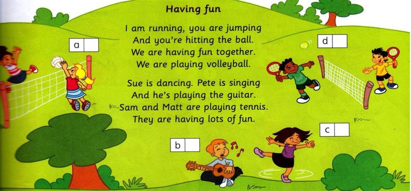 Children in a park: some play volleyball, two play tennis, a boy plays the guitar and a girl dances