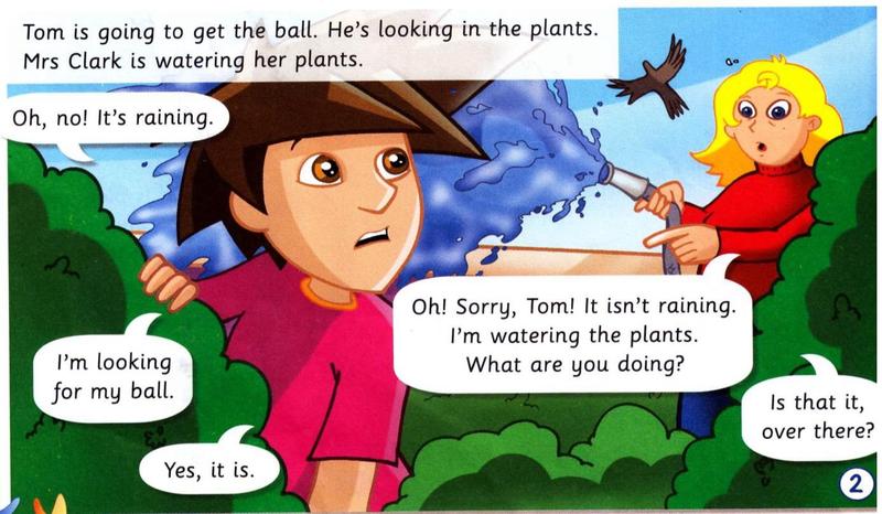 Tom looks in the plants. Mrs Clark sprays water from a hose.