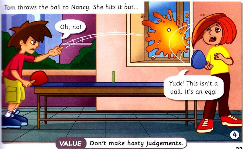 Nancy hits the white thing and it breaks: it is an egg.