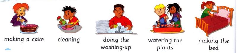 Five pictures: making a cake, cleaning, doing the washing-up, watering the plants, making the bed