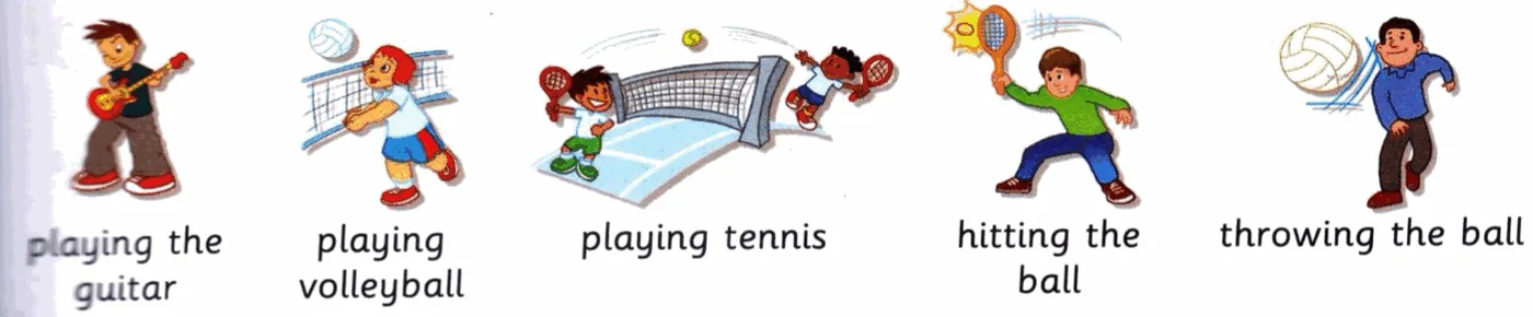 Five pictures: playing the guitar, playing volleyball, playing tennis, hitting the ball, throwing the ball