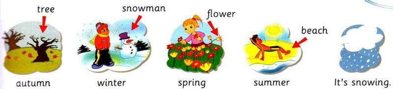 Five small pictures: autumn with a bare tree, winter with a snowman, spring with flowers, summer on the beach, and a snowy cloud