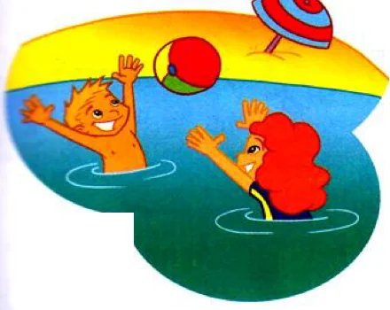 Two children swimming in the sea with a beach ball